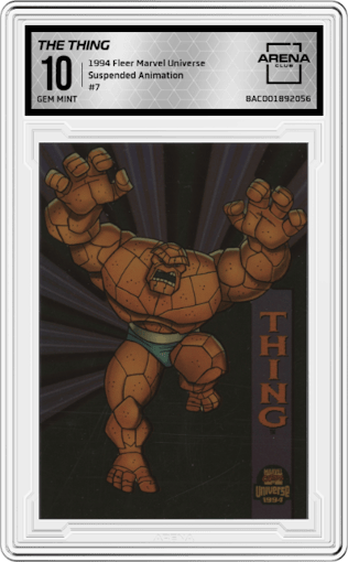 The Thing from the 1994 Fleer Marvel Universe  set graded by Arena Club and given an overall grade of 10.