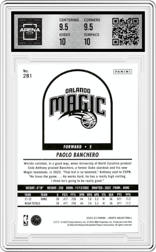 Paolo Banchero from the 2022-23 Panini NBA Hoops set graded by Arena Club and given an overall grade of 10.