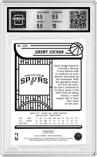 Jeremy Sochan from the 2022-23 Panini NBA Hoops set graded by Arena Club and given an overall grade of 10.