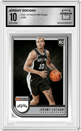 Jeremy Sochan from the 2022-23 Panini NBA Hoops set graded by Arena Club and given an overall grade of 10.