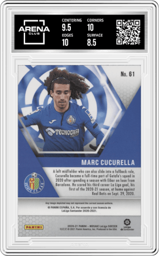 Marc Cucurella from the 2020-21 Panini Mosaic La Liga set graded by Arena Club and given an overall grade of 9.