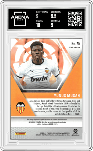 Yunus Musah from the 2020-21 Panini Mosaic La Liga set featuring a Silver Mosaic parallel graded by Arena Club and given an overall grade of 9.5.