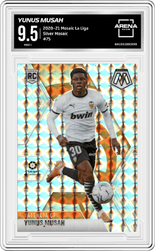 Yunus Musah from the 2020-21 Panini Mosaic La Liga set featuring a Silver Mosaic parallel graded by Arena Club and given an overall grade of 9.5.