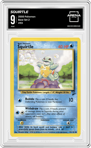 Squirtle from the 2000 Pokemon set graded by Arena Club and given an overall grade of 9.