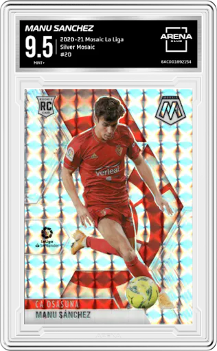 Manu Sanchez from the 2020-21 Panini Mosaic La Liga set featuring a Silver Mosaic parallel graded by Arena Club and given an overall grade of 9.5.