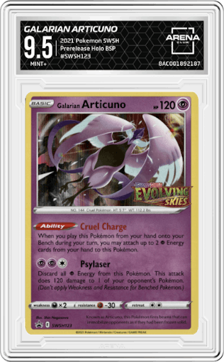 Galarian Articuno from the 2021 Pokemon SWSH set featuring a Prerelease parallel graded by Arena Club and given an overall grade of 9.5.