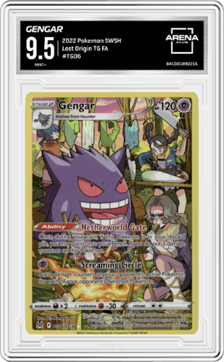 Gengar from the 2022 Pokemon SWSH set graded by Arena Club and given an overall grade of 9.5.