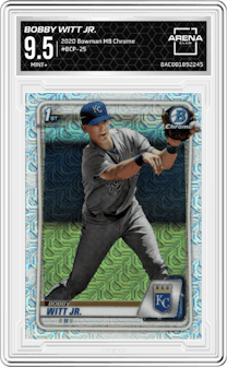 Bobby Witt Jr. from the 2020 Bowman Mega Box Chrome set graded by Arena Club and given an overall grade of 9.5.