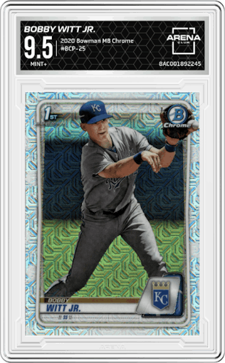 Bobby Witt Jr. from the 2020 Bowman Mega Box Chrome set graded by Arena Club and given an overall grade of 9.5.