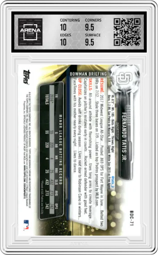 Fernando Tatis Jr. from the 2017 Bowman Draft set graded by Arena Club and given an overall grade of 10.