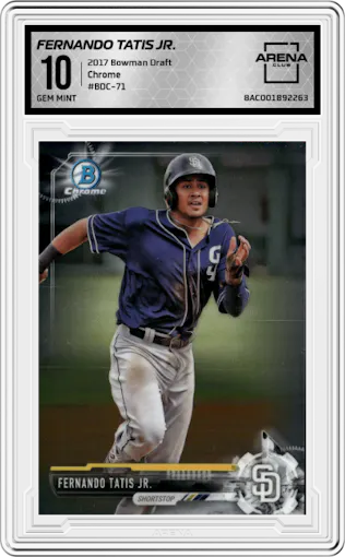 Fernando Tatis Jr. from the 2017 Bowman Draft set graded by Arena Club and given an overall grade of 10.