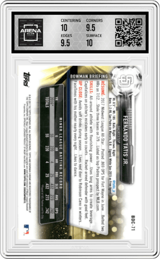 Fernando Tatis Jr. from the 2017 Bowman Draft set graded by Arena Club and given an overall grade of 10.