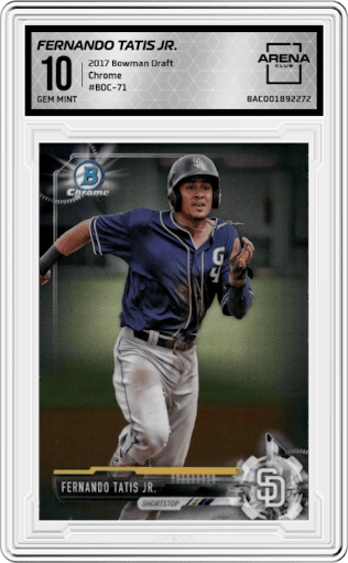 Fernando Tatis Jr. from the 2017 Bowman Draft set graded by Arena Club and given an overall grade of 10.