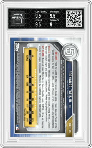 Fernando Tatis Jr. from the 2019 Bowman  set graded by Arena Club and given an overall grade of 9.5.