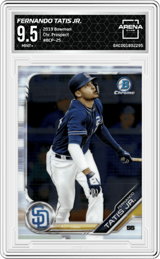 Fernando Tatis Jr. from the 2019 Bowman  set graded by Arena Club and given an overall grade of 9.5.