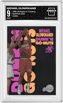 Michael Olowokandi from the 1998-99 Skybox E-X Century set graded by Arena Club and given an overall grade of 9.