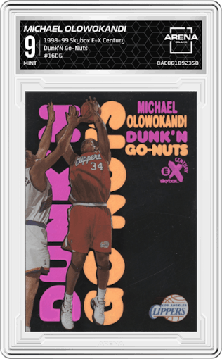 Michael Olowokandi from the 1998-99 Skybox E-X Century set graded by Arena Club and given an overall grade of 9.