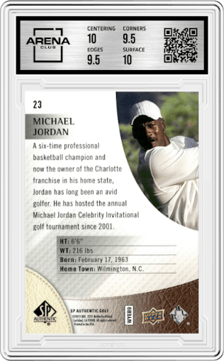 Michael Jordan from the 2014 SP Authentic set graded by Arena Club and given an overall grade of 10.