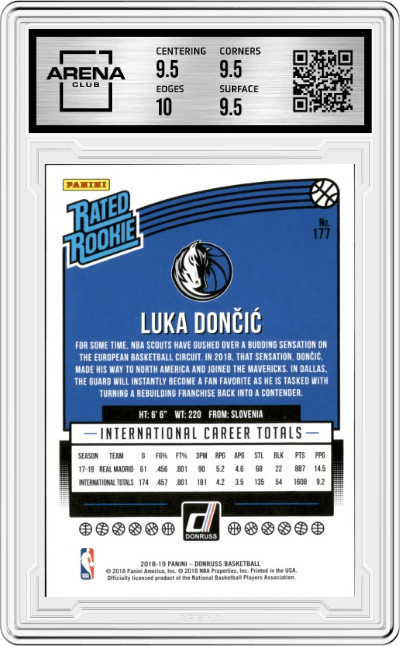 Luka Doncic from the 2018-19 Panini Donruss  set graded by Arena Club and given an overall grade of 10.