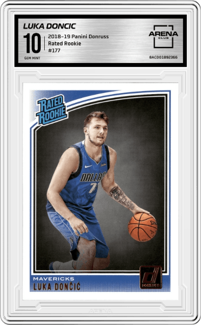 Luka Doncic from the 2018-19 Panini Donruss  set graded by Arena Club and given an overall grade of 10.