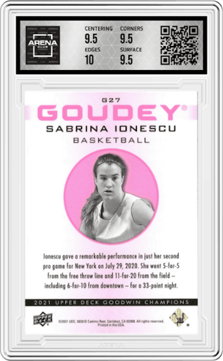 Sabrina Ionescu from the 2021 Upper Deck Goodwin Champions set featuring a Pink Traxx parallel graded by Arena Club and given an overall grade of 10.