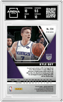 Kyle Guy from the 2019-20 Panini Mosaic  set featuring a Reactive Orange  parallel graded by Arena Club and given an overall grade of 9.5.