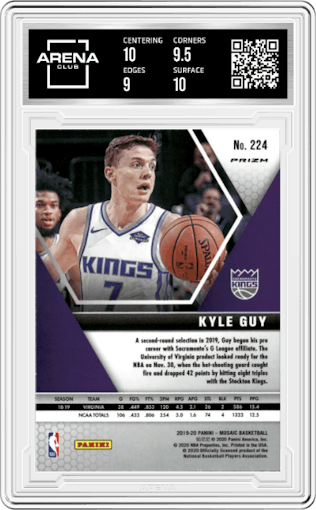 Kyle Guy from the 2019-20 Panini Mosaic  set featuring a Reactive Orange  parallel graded by Arena Club and given an overall grade of 9.5.