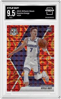Kyle Guy from the 2019-20 Panini Mosaic  set featuring a Reactive Orange  parallel graded by Arena Club and given an overall grade of 9.5.