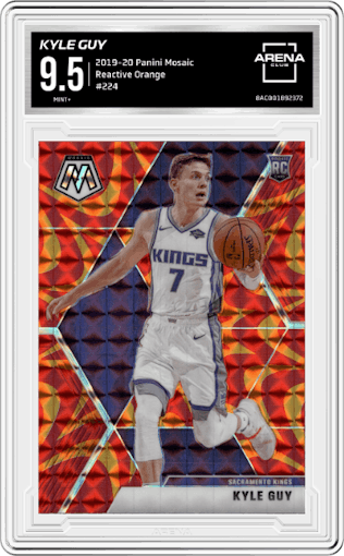 Kyle Guy from the 2019-20 Panini Mosaic  set featuring a Reactive Orange  parallel graded by Arena Club and given an overall grade of 9.5.