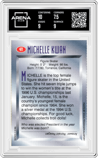 Michelle Kwan from the 1996 SI For Kids set graded by Arena Club and given an overall grade of 8.