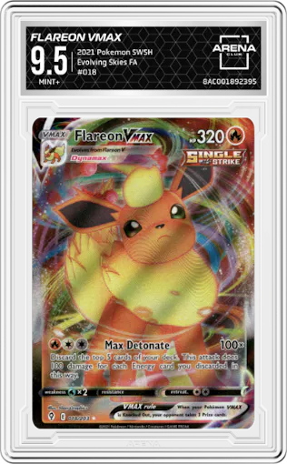 Flareon Vmax from the 2021 Pokemon SWSH set graded by Arena Club and given an overall grade of 9.5.