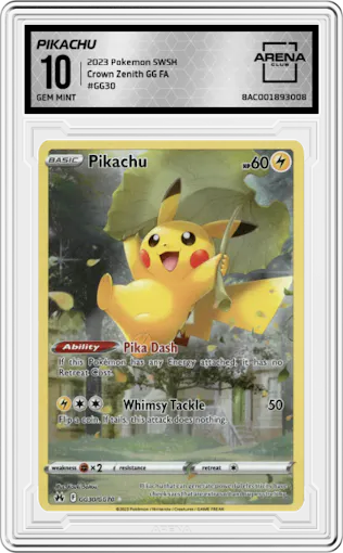 Pikachu from the 2023 Pokemon SWSH set graded by Arena Club and given an overall grade of 10.