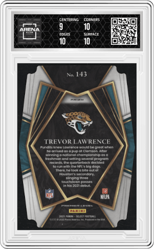 Trevor Lawrence from the 2021 Panini Select set featuring a Green/Yellow Die-Cut Prizm parallel graded by Arena Club and given an overall grade of 9.5.
