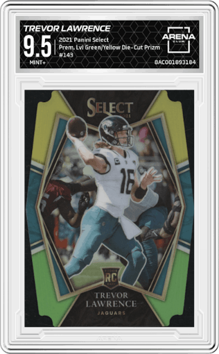 Trevor Lawrence from the 2021 Panini Select set featuring a Green/Yellow Die-Cut Prizm parallel graded by Arena Club and given an overall grade of 9.5.