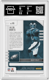 Jalen Hurts from the 2020 Panini Absolute set featuring a Green parallel graded by Arena Club and given an overall grade of 9.5.