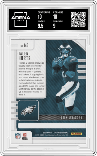 Jalen Hurts from the 2020 Panini Absolute set featuring a Green parallel graded by Arena Club and given an overall grade of 9.5.