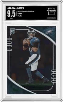 Jalen Hurts from the 2020 Panini Absolute set featuring a Green parallel graded by Arena Club and given an overall grade of 9.5.