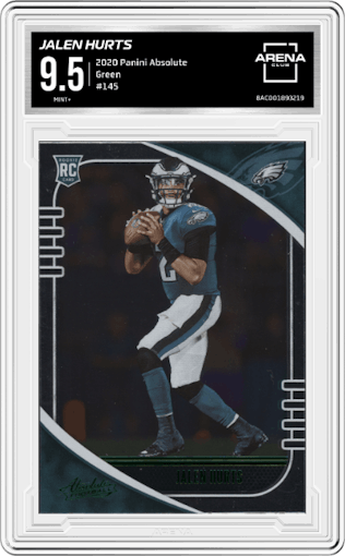 Jalen Hurts from the 2020 Panini Absolute set featuring a Green parallel graded by Arena Club and given an overall grade of 9.5.