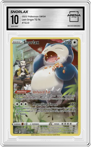 Snorlax from the 2022 Pokemon SWSH set graded by Arena Club and given an overall grade of 10.