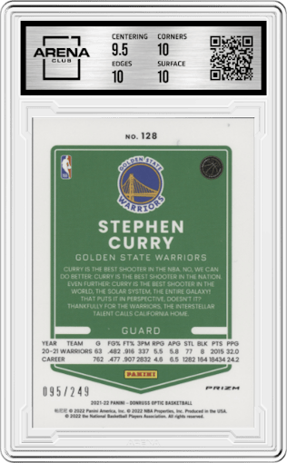 Stephen Curry from the 2021-22 Panini Donruss Optic set featuring a Premium Box Set parallel graded by Arena Club and given an overall grade of 10.