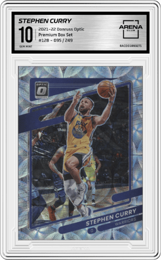 Stephen Curry from the 2021-22 Panini Donruss Optic set featuring a Premium Box Set parallel graded by Arena Club and given an overall grade of 10.