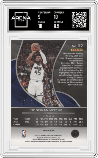 Donovan Mitchell from the 2021-22 Panini Spectra set featuring a Celestial parallel graded by Arena Club and given an overall grade of 9.5.