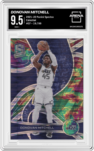 Donovan Mitchell from the 2021-22 Panini Spectra set featuring a Celestial parallel graded by Arena Club and given an overall grade of 9.5.