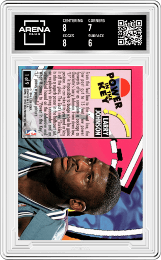 Larry Johnson from the 1993-94 Fleer Ultra set graded by Arena Club and given an overall grade of 6.5.