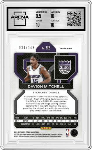 Davion Mitchell from the 2021-22 Panini Prizm  set featuring a Purple Ice parallel graded by Arena Club and given an overall grade of 10.