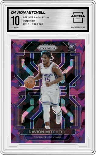 Davion Mitchell from the 2021-22 Panini Prizm  set featuring a Purple Ice parallel graded by Arena Club and given an overall grade of 10.
