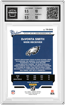 DeVonta Smith from the 2021 Panini Donruss set graded by Arena Club and given an overall grade of 10.