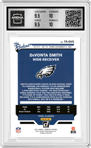 DeVonta Smith from the 2021 Panini Donruss set graded by Arena Club and given an overall grade of 10.