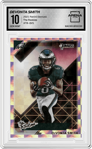DeVonta Smith from the 2021 Panini Donruss set graded by Arena Club and given an overall grade of 10.