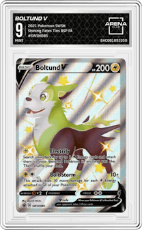 Boltund V from the 2021 Pokemon SWSH set featuring a Shining Fates Tins parallel graded by Arena Club and given an overall grade of 9.